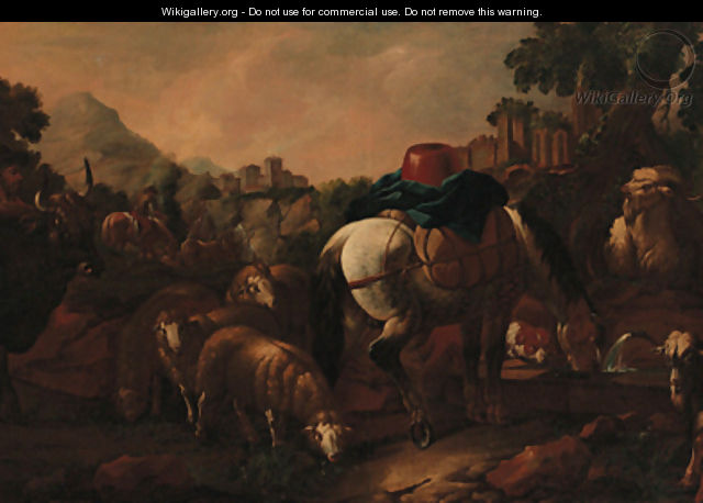 A drover with a bull, sheep, goats and a packhorse at a fountain in a mountainous landscape - Philipp Peter Roos