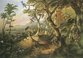 Exotic birds and insects among trees and foliage in a mountainous river landscape - Philip Reinagle