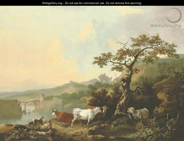 A river landscape with livestock and a rustic couple, a wagon on the road beyond - Philip Reinagle