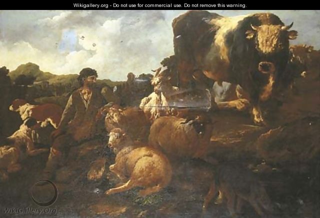 A peasant surrounded by dogs, sheep, a bull and other animals within a landscape - Philipp Peter Roos