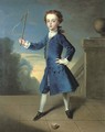 Portrait of a boy, full-length, in a blue coat, with a spinning top on a terrace - Philipe Mercier