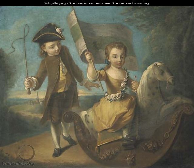 Double portrait of a girl and a boy, he full-length, in a green suit and yellow waistcoat wearing a tricorn, holding a whip in his right hand - Philipe Mercier