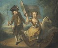 Double portrait of a girl and a boy, he full-length, in a green suit and yellow waistcoat wearing a tricorn, holding a whip in his right hand - Philipe Mercier