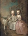Double portrait of a boy and a girl in a landscape, full-length, with a greyhound, he in an oyster satin dress, she in a pink dress - Philipe Mercier