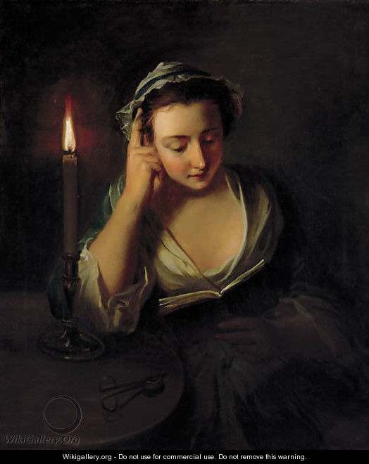 A young girl reading by candlelight - Philipe Mercier