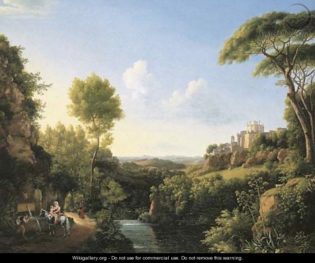 An Italianate landscape with travellers halting at a fountain, a castle beyond - Pierre-Athanase Chauvin