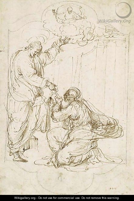 Christ Handing The Keys To Saint Peter, God The Father Above Design For An Embroidery - Perino del Vaga (Pietro Bonaccors)