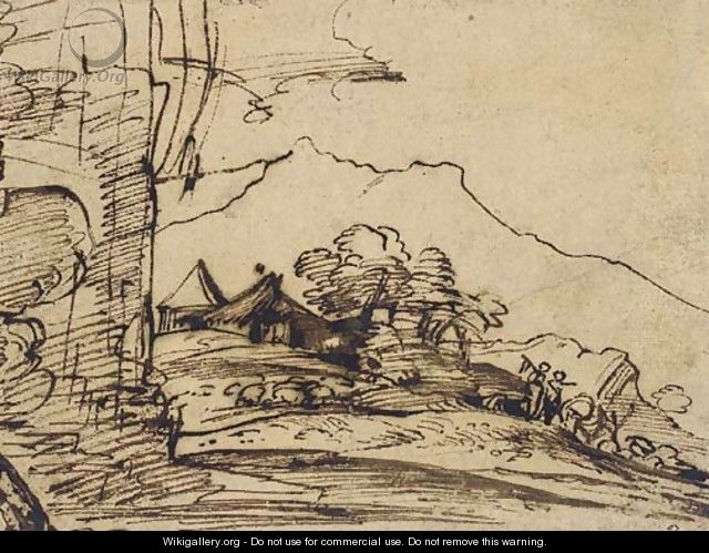 A mountainous landscape with herdsmen and their flock on a path - Pier Francesco Mola