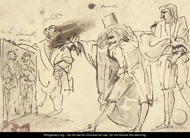 A caricature of the artist presenting a picture of himself and Simonelli to the collector Panesio and another spectator - Pier Francesco Mola