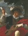 A boy in a plumed hat holding a violin and a sheet of music - Pier Francesco Mola