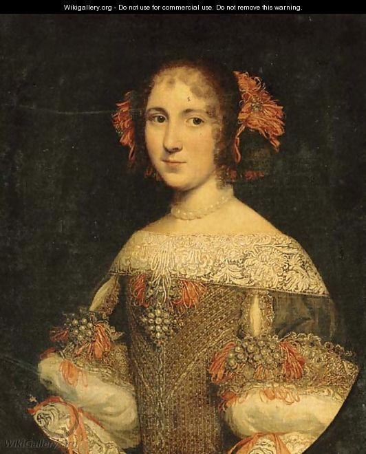 Portrait of a young lady, three-quarter-length, in an embroidered and jeweled dress with pink ribbons in her hair - Pier Francesco Cittadini