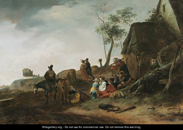 A traveller on horseback, a milkmaid and peasants by a cottage in a landscape, an elegant couple and a carriage beyond - Philips Wouwerman