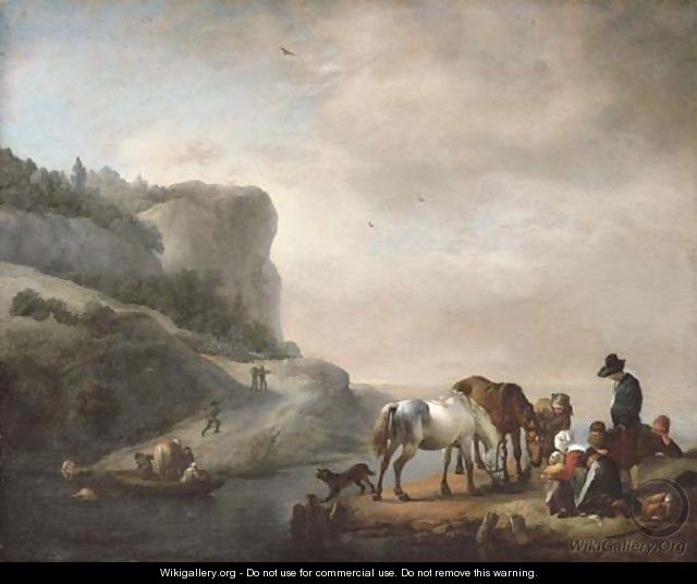 A river landscape with peasants and horses on the shore and a ferry crossing - Philips Wouwerman