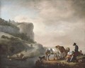 A river landscape with peasants and horses on the shore and a ferry crossing - Philips Wouwerman