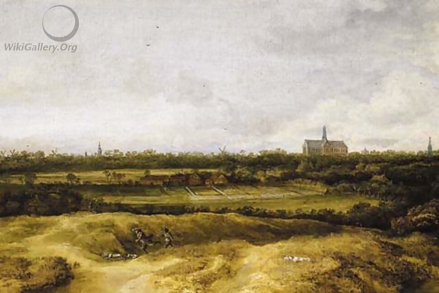 The bleaching fields near Haarlem with sportsmen in the foreground, a view of St. Bavo