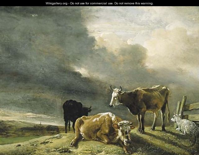 Cows and Sheep in a Meadow, a Farmstead beyond - Paulus Potter