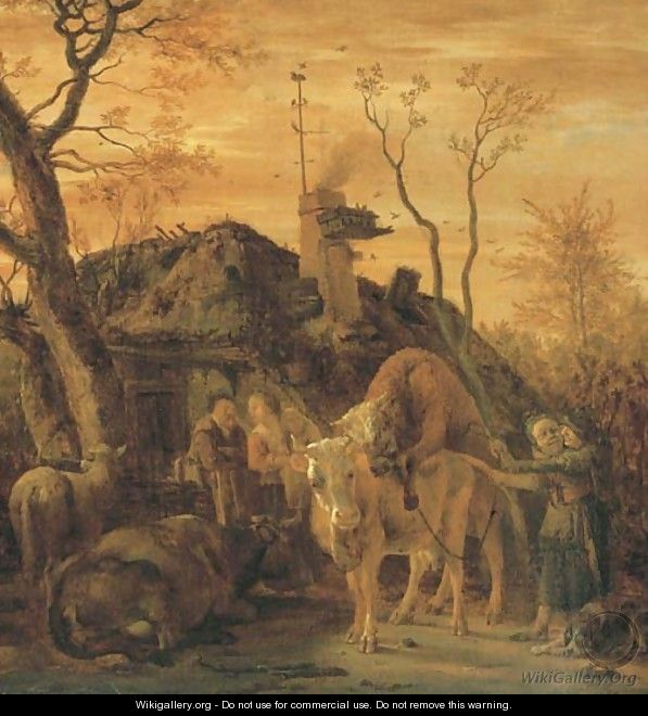 A tethered bull covering a cow in a farmyard - Paulus Potter