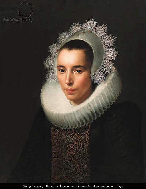 Portrait of a lady, half-length, in a black dress with a gold-embroidered black stomacher, in a ruff and lace headdress - Paulus Moreelse