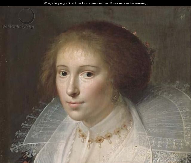Portrait of a lady, bust-length, in a white dress with lace collar and a gold and pearl necklace - Paulus Moreelse