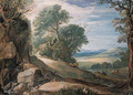 An Italianate landscape with herdsmen and cattle by a stream, buildings in the hills beyond - Paul Bril