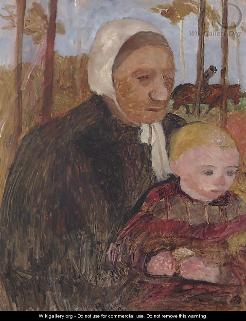 Bauerin mit Kind, im Hintergrund ein Reiter - Paula Modersohn-Becker