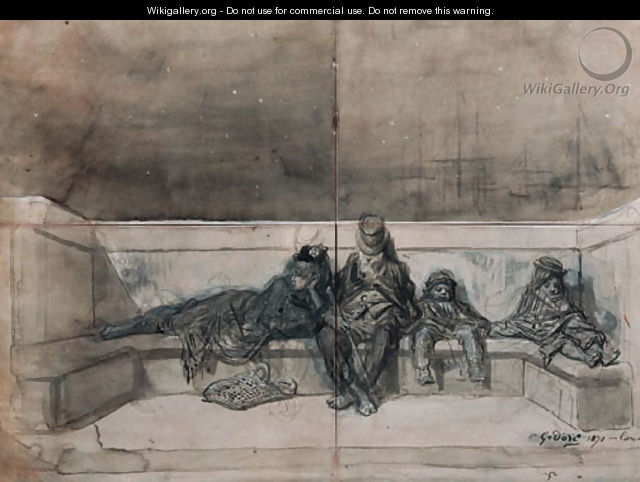 A Couple and two Children sleeping on a London Bridge - Gustave Dore