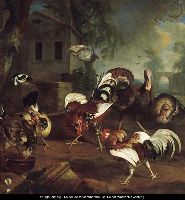 Cocks, chickens and turkeys with pigeons flying above on a yard by a mansion - Peter Caulitz