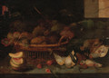 A basket of grapes, with other fruit and dead birds on a ledge - Peter Paul Binoit