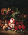 Peaches, plums, medlar, figs on a vine, an apple, mushrooms and a beetle on a forest floor - Pieter Snyers