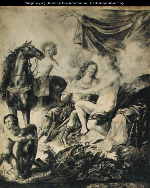 An allegorical scene with Mars and Venus, two Cupids and a horse - Peeter Rottermondt