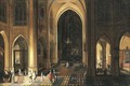 The interior of a Gothic church with figures at night - Pieter the Younger Neefs