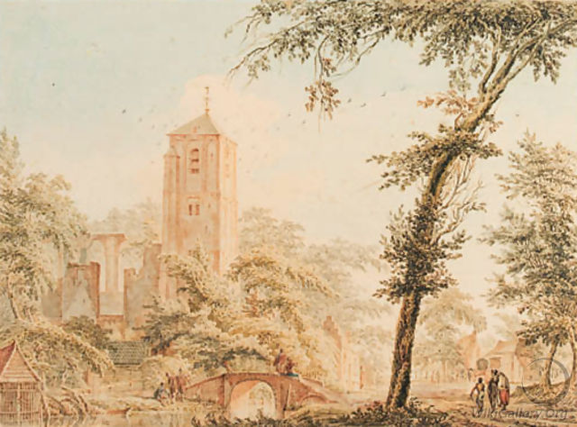 A ruined church in a village with figures by a bridge over a river - Paulus Van Liender