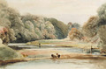 River landscape with deer drinking at the water's edge, near Sackbridge Hall and the High Park, Lowther - Peter de Wint