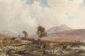 An extensive landscape with figures on a track and buildings beyond, Wales - Peter de Wint