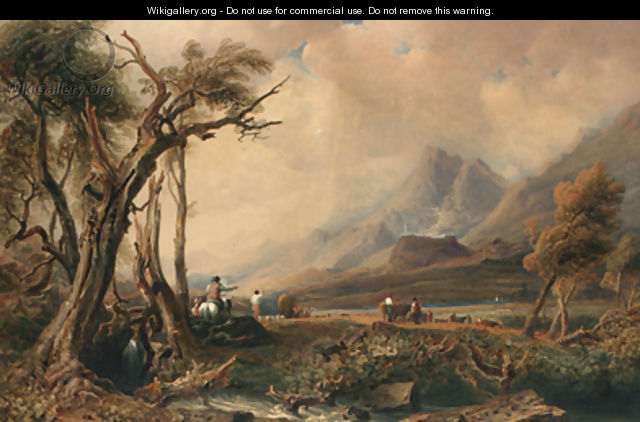 An extensive Cumbrian landscape with drovers and cattle - Peter de Wint