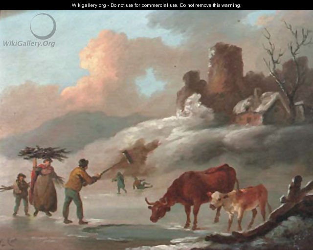 Figures and cattle on a frozen lake - Peter Le Cave