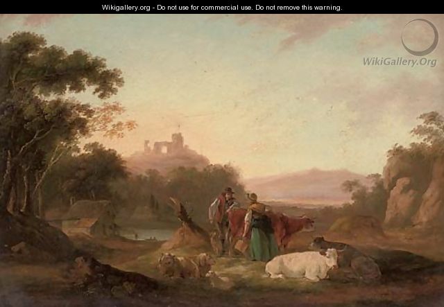 A wooded river landscape with figures and cattle in the foreground, ruins on a hill beyond - Peter Le Cave