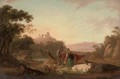 A wooded river landscape with figures and cattle in the foreground, ruins on a hill beyond - Peter Le Cave