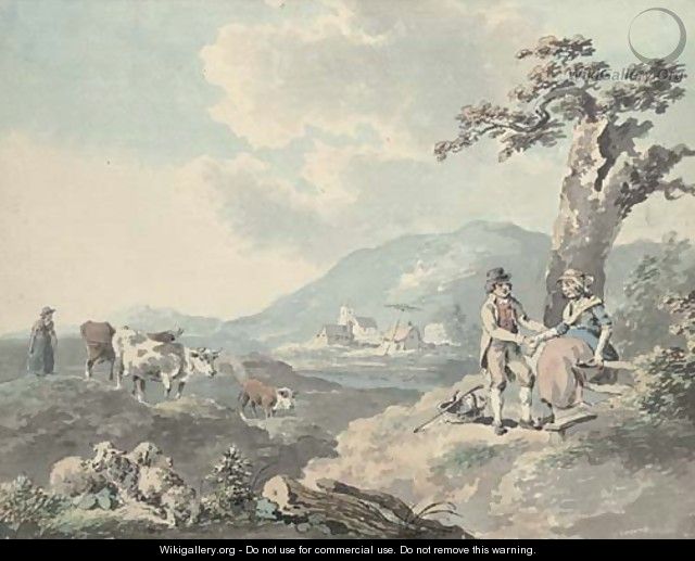 Figures in a landscape with cattle beyond; and Figures by the sea with a donkey - Peter La Cave