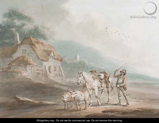 A drover with his horse, sheep and two calves, on the way to market - Peter La Cave