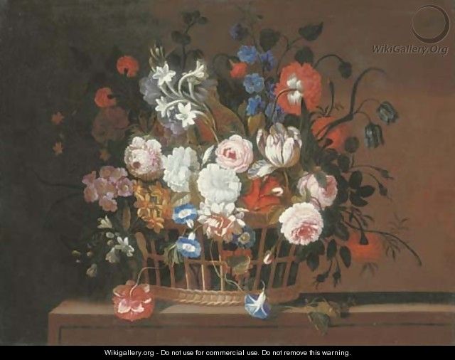 Roses, tulips, morning glory, carnations, delphinium, primrose, narcissi and other flowers in a basket on a stone ledge - Pieter Hardime