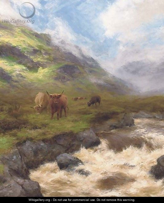 Highland cattle by a stream in full spate - Peter Graham