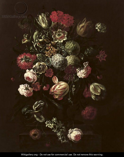 Tulips, roses, lillies and other flowers in a vase on a stone ledge - Pieter Casteels