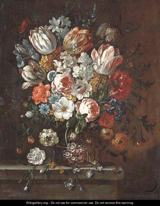Roses, parrot tulips, an iris, narcissi and other flowers in a glass vase on a stone ledge - Pieter Casteels