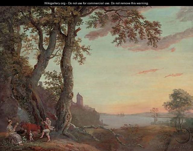 An extensive wooded river landscape with an amorous couple making music under a tree - Paul Sandby