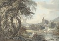A wooded river landscape with figures and cattle, a castle beyond - Paul Sandby