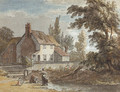 A cottage by a river with figures in the foreground - Paul Sandby