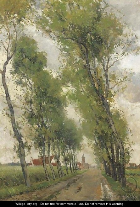 A treelined countryroad with a village in the distance - Paul Mathieu