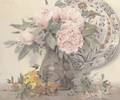 Peonies in a vase with an ornamental plate - Paul Mathey