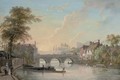 View of Tonbridge, with the bridge and houses, coal and pleasure boats in the foreground and the castle keep beyond - Paul Sandby